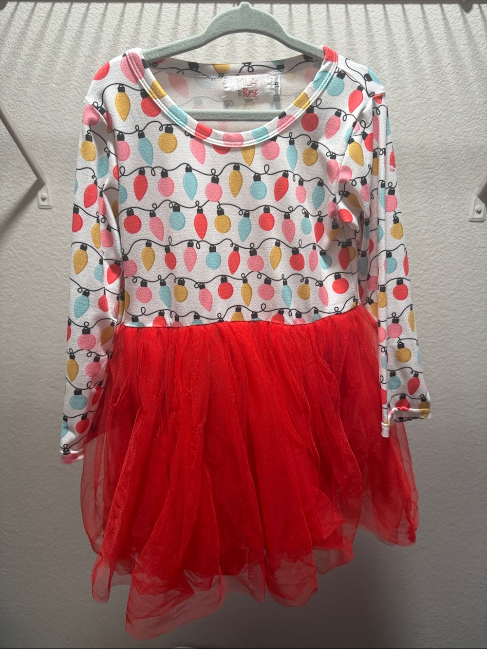Mika & Rose Holiday Light Print Tulle Dress with Red Skirt 4T
